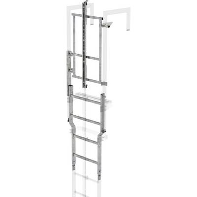 A silver metal ladder with a safety device, mounted on a vertical scaffolding. Looks like a safety ladder.