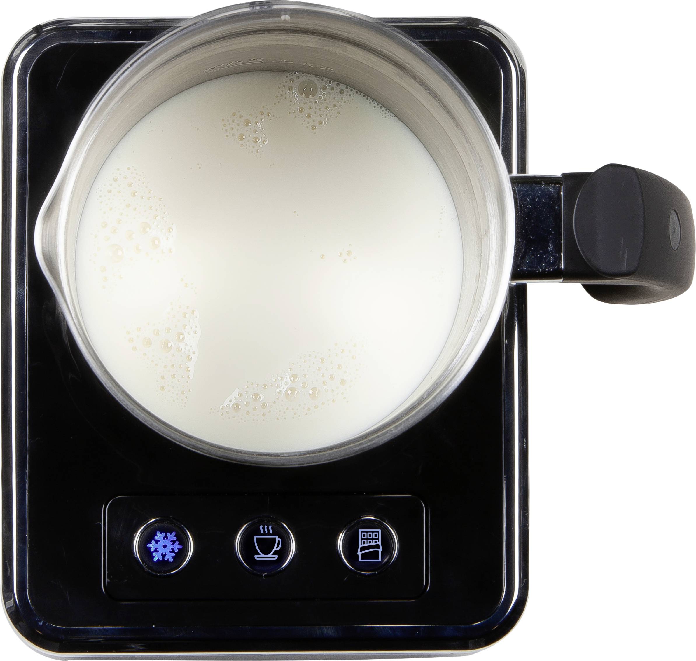 A milk frother with a full container of milk, sitting on an electric base with three buttons for different settings.