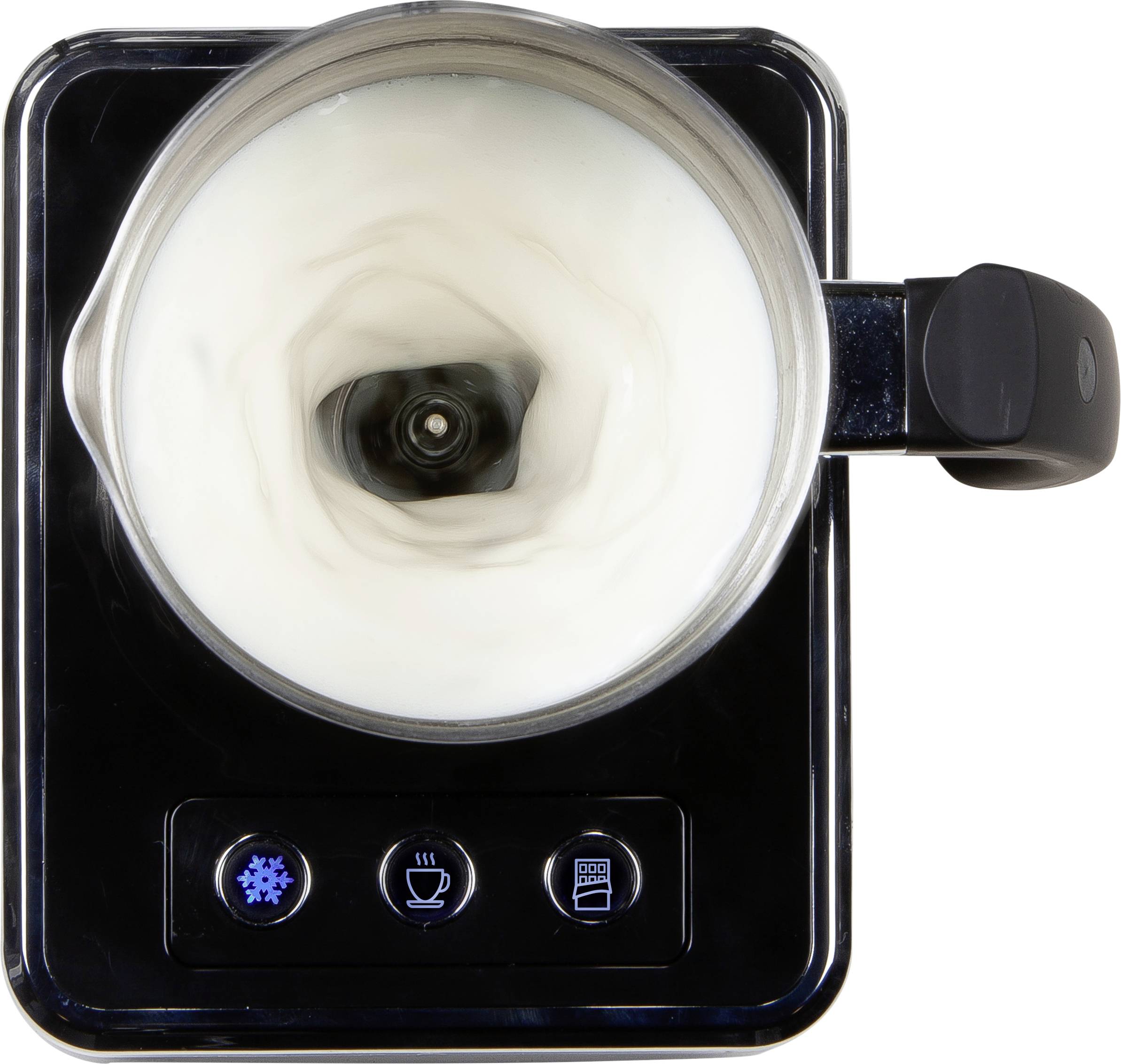 Electric milk frother in motion, viewed from above. Plunging mixing tool in a foamy, white liquid.