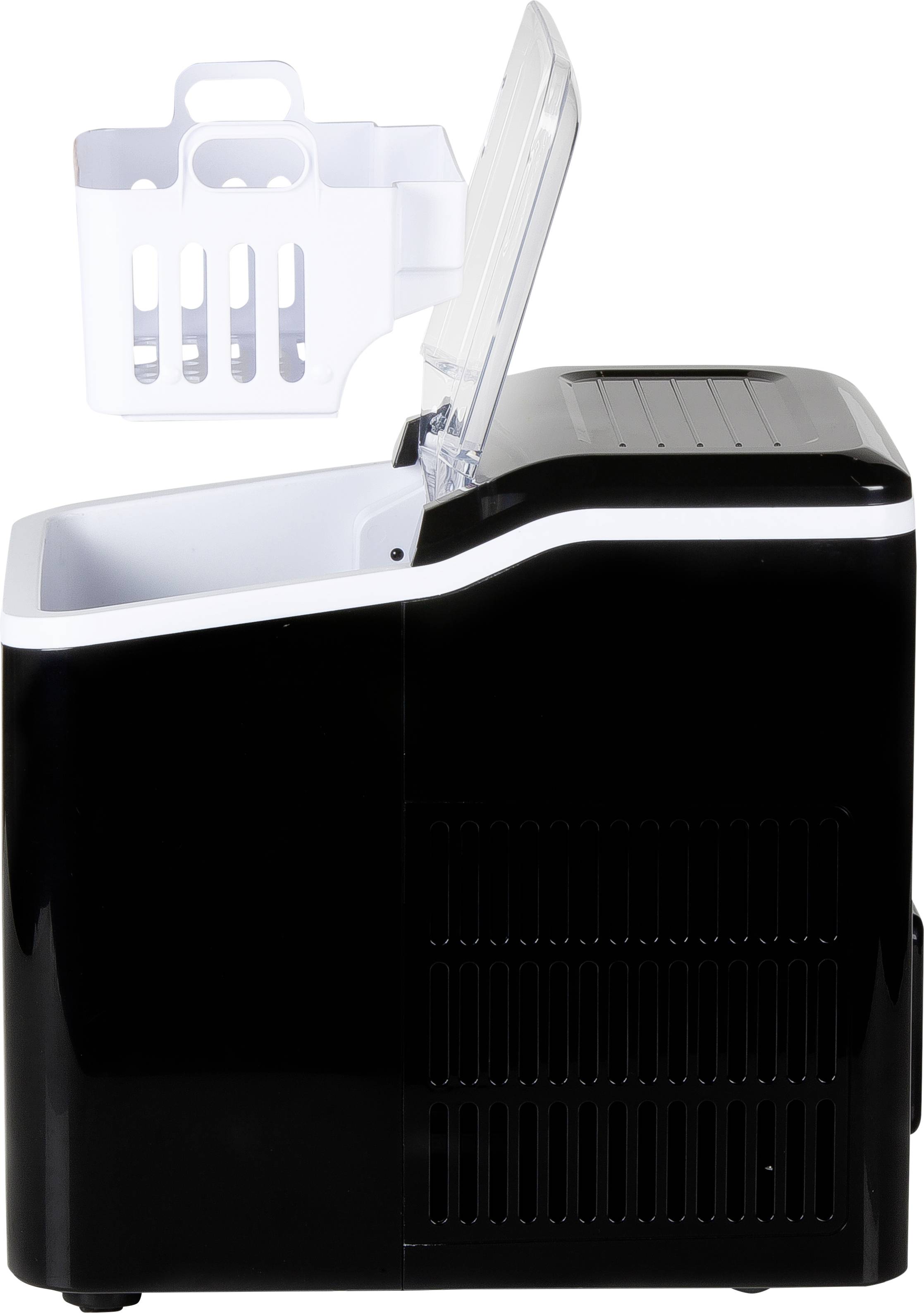 A black mini-fridge with an open lid and a removable white basket, viewed from the side.