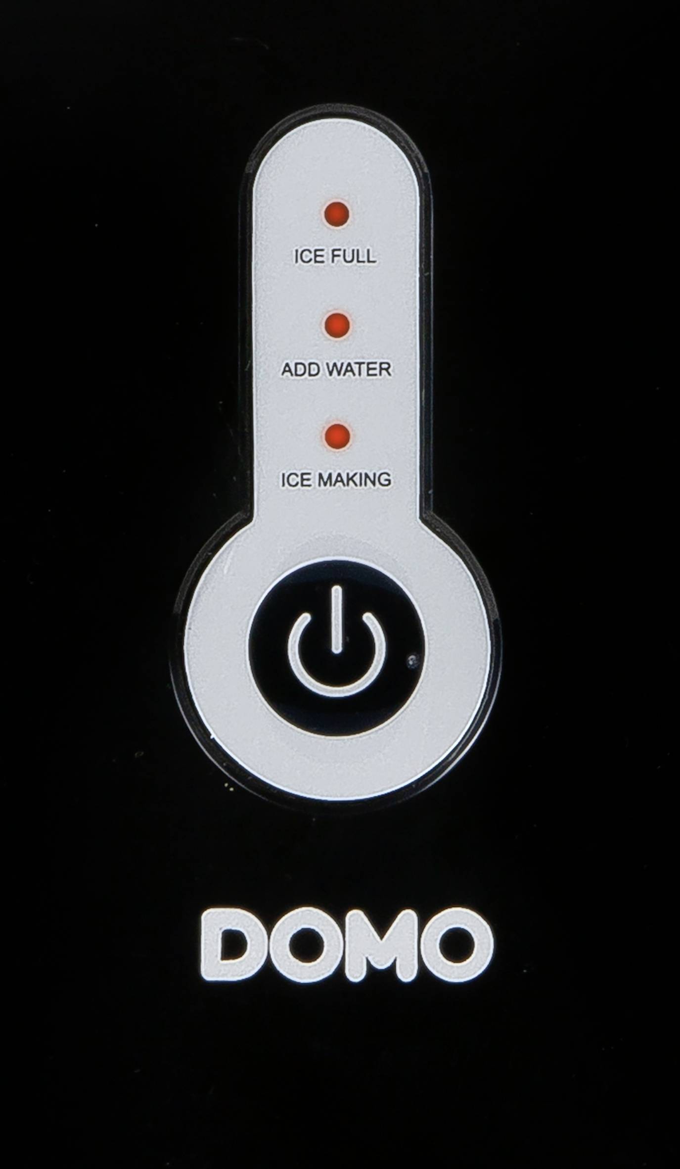 Ice cube machine control panel with three indicator lights: 'Ice Full', 'Add Water', 'Ice Making'. Brand name 'DOMO' at the bottom.