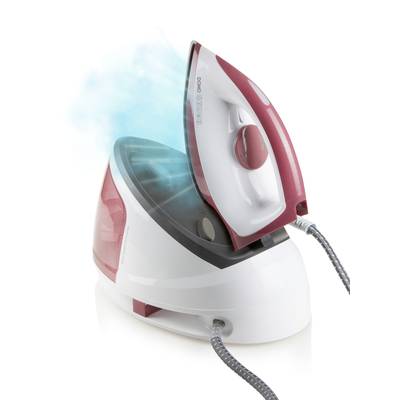 Red and white steam iron with base station. The iron is standing upright, with water tank and soleplate visible.