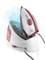 Red and white steam iron with base station. The iron is standing upright, with water tank and soleplate visible.