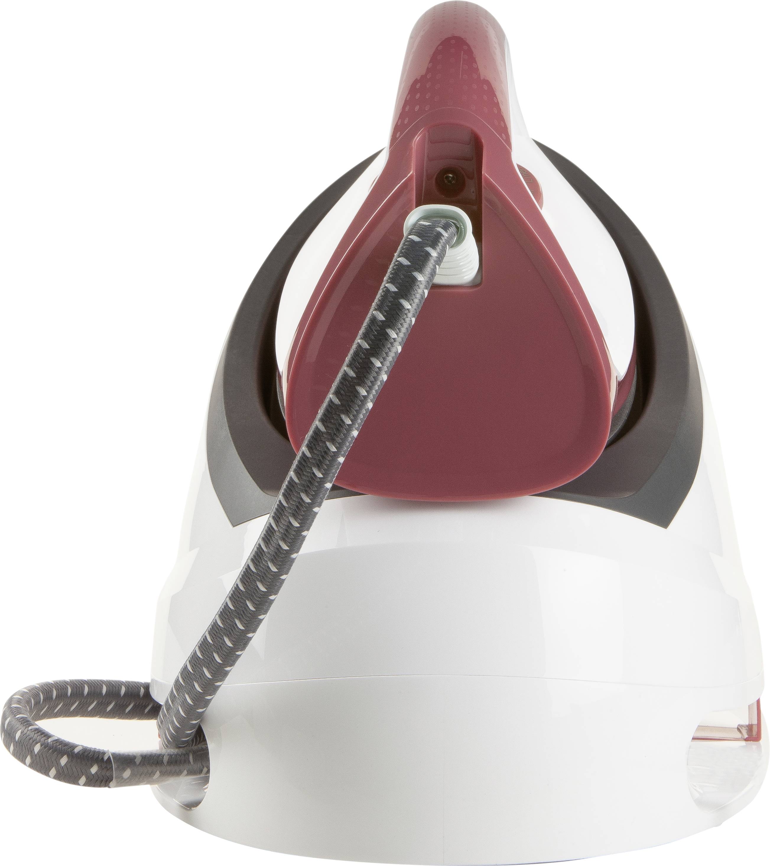 A white, modern steam iron with red-accented elements, photographed from the front. A black and white patterned power cord is visible.