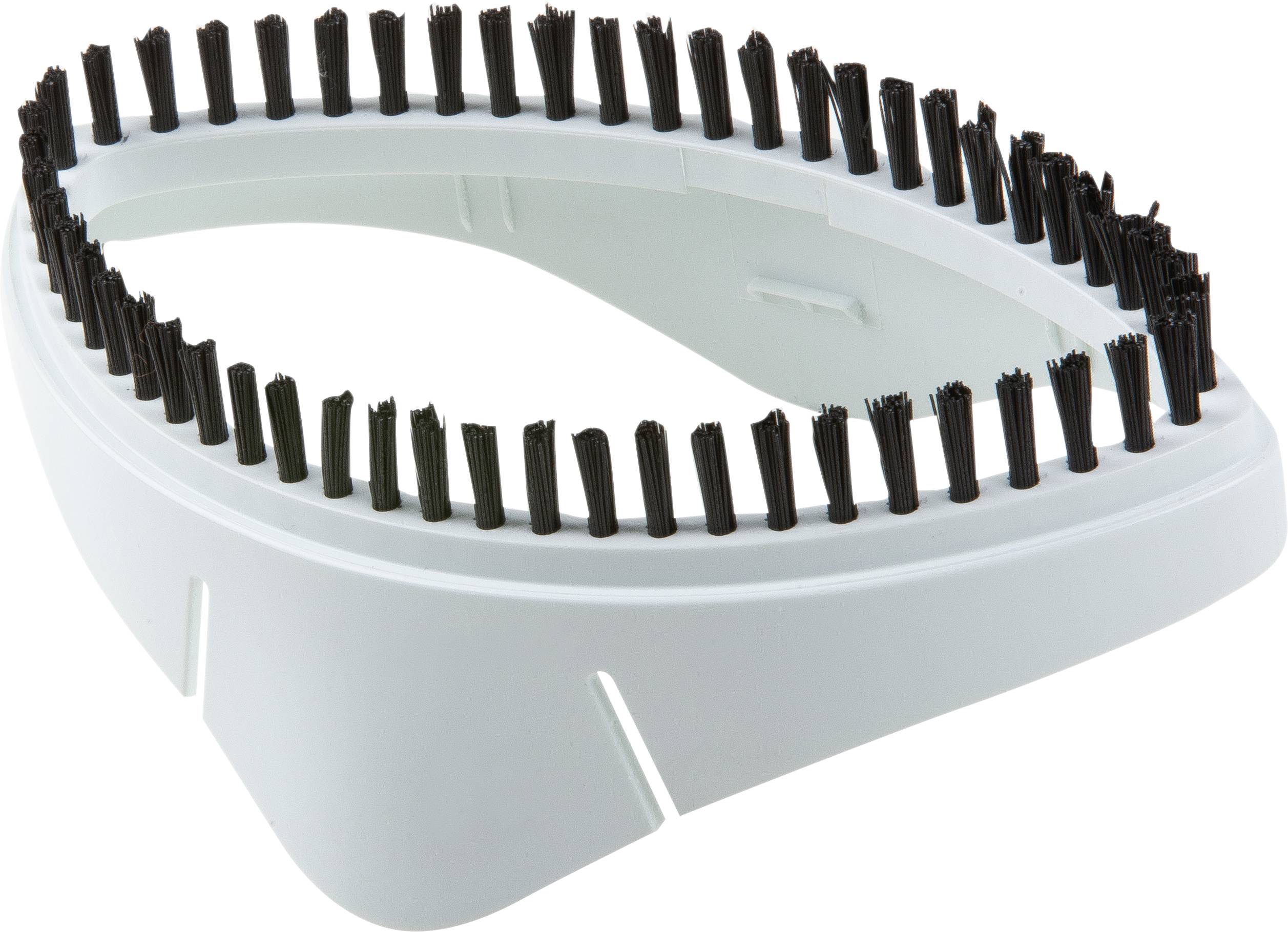 A white, triangular brush attachment with black bristles, used as an accessory for vacuum cleaners or cleaning devices.