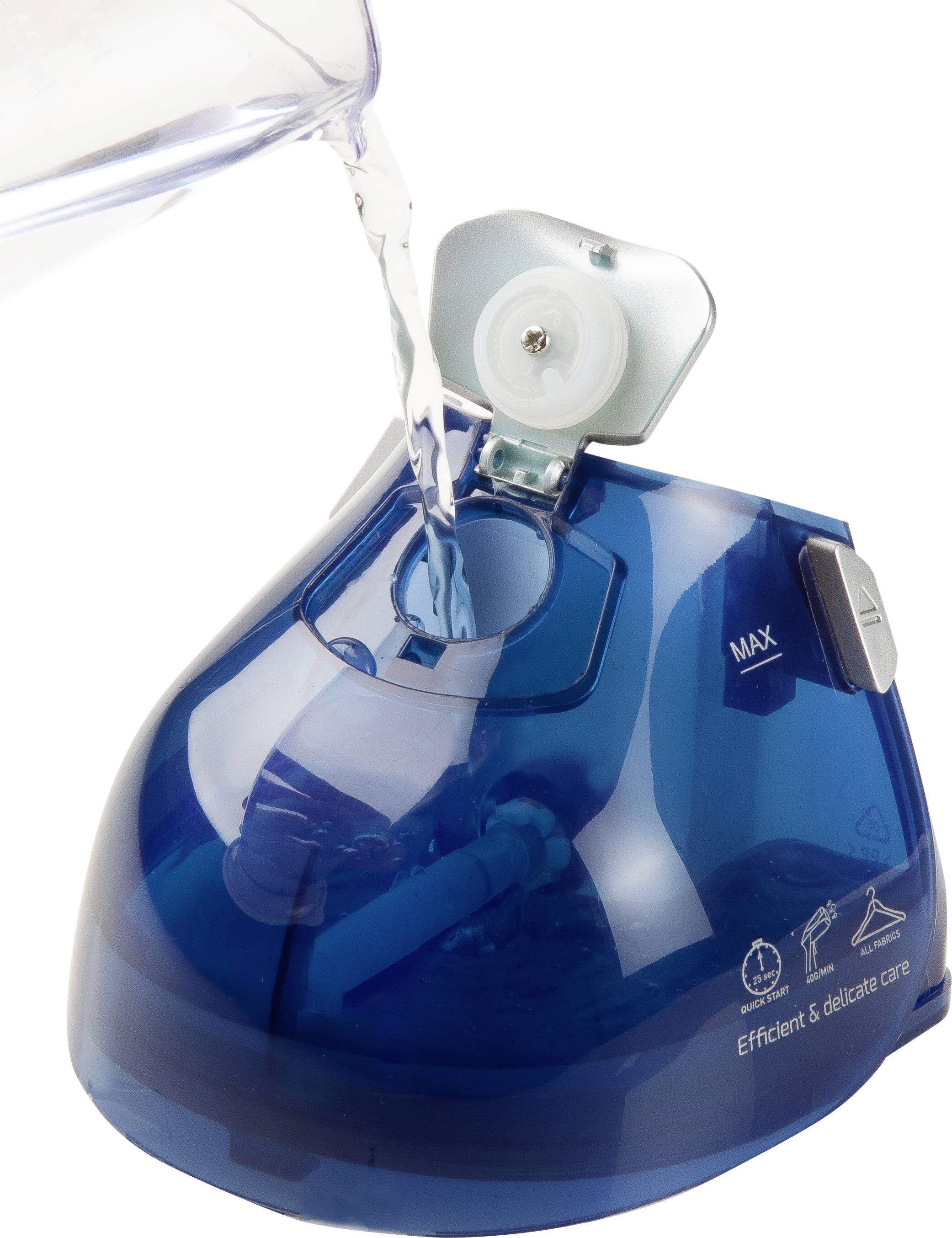 A water container is being filled into a blue air humidifier. The container has a 'MAX' marking and symbols for efficient and gentle care.