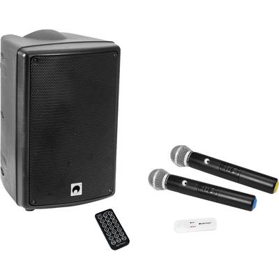 Speakers with remote control and two microphones. Suitable for wireless sound amplification at events.
