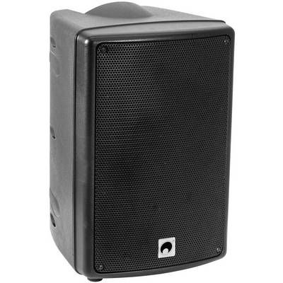 Black speaker with a black mesh grille on the front, suitable for playing music or speech.