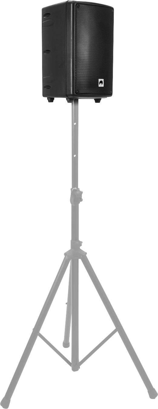 'Loudspeaker on stand, black, photographed from the front.'