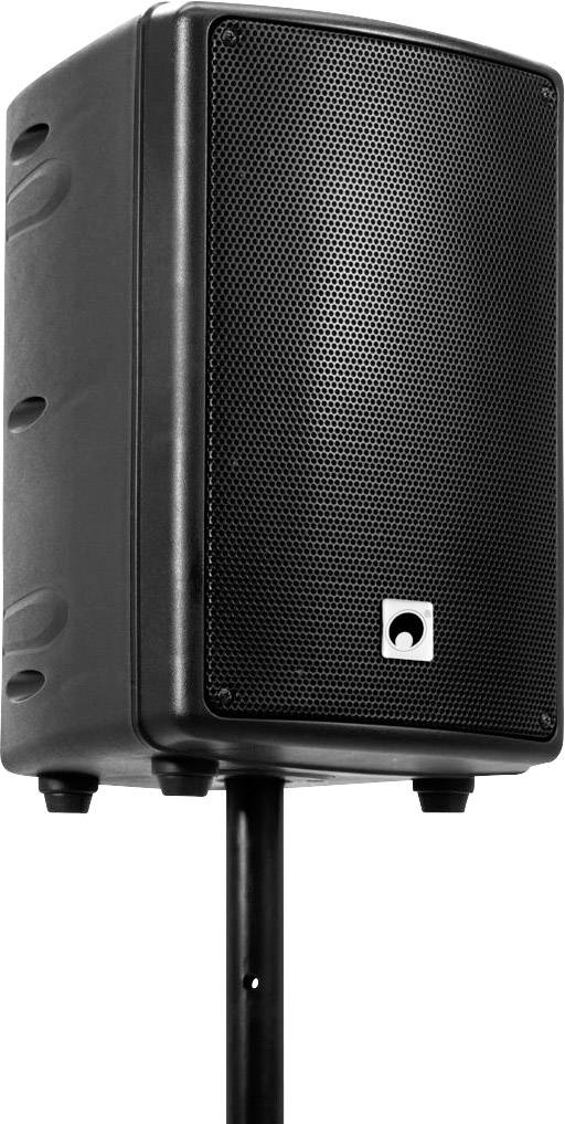 A black loudspeaker on a stand, photographed from the side. It is large and rectangular with a fine-meshed grille.