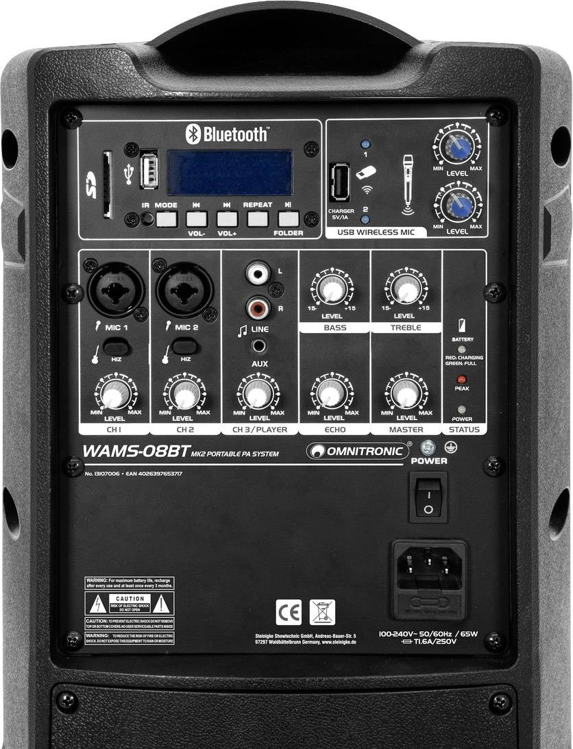 Back of a portable speaker with various connections and controls for volume, bass, treble, and echo. Bluetooth-enabled.