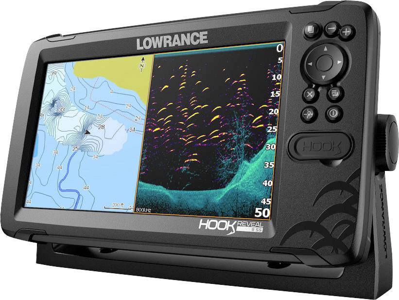 A fish finder display with a map on the left and a sonar image on the right. The device shows depth lines and schools of fish.