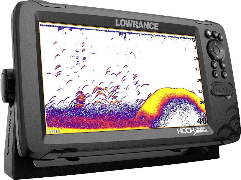 A fish finder GPS display system shows a water view with fish movements and depth indications, represented in various colours.