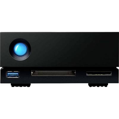 Black external hard drive with blue illuminated LED indicator and multiple ports on the front panel.