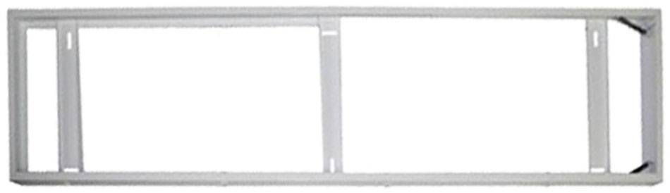 A rectangular, white metal frame, presumably part of a shelving unit or partition, with multiple cross-braces for stabilisation.