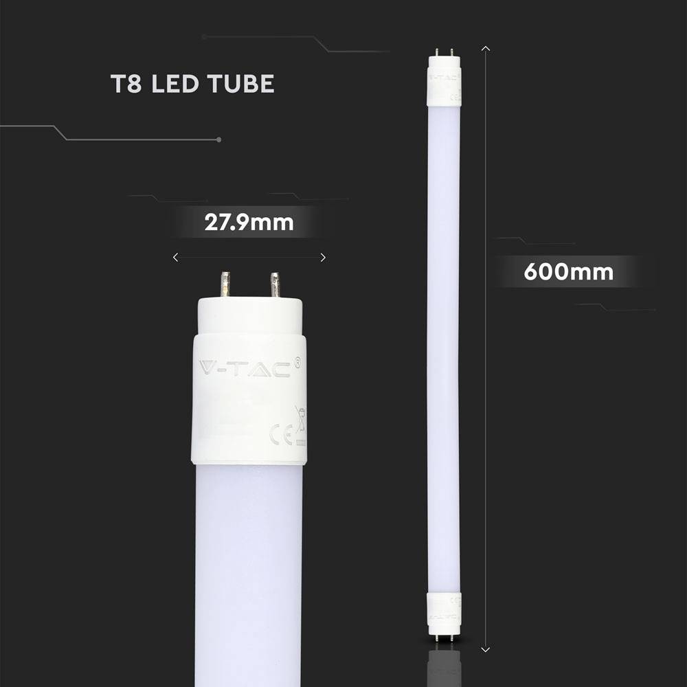 A white T8 LED tube with a length of 600 mm and a diameter of 27.9 mm on a black background.