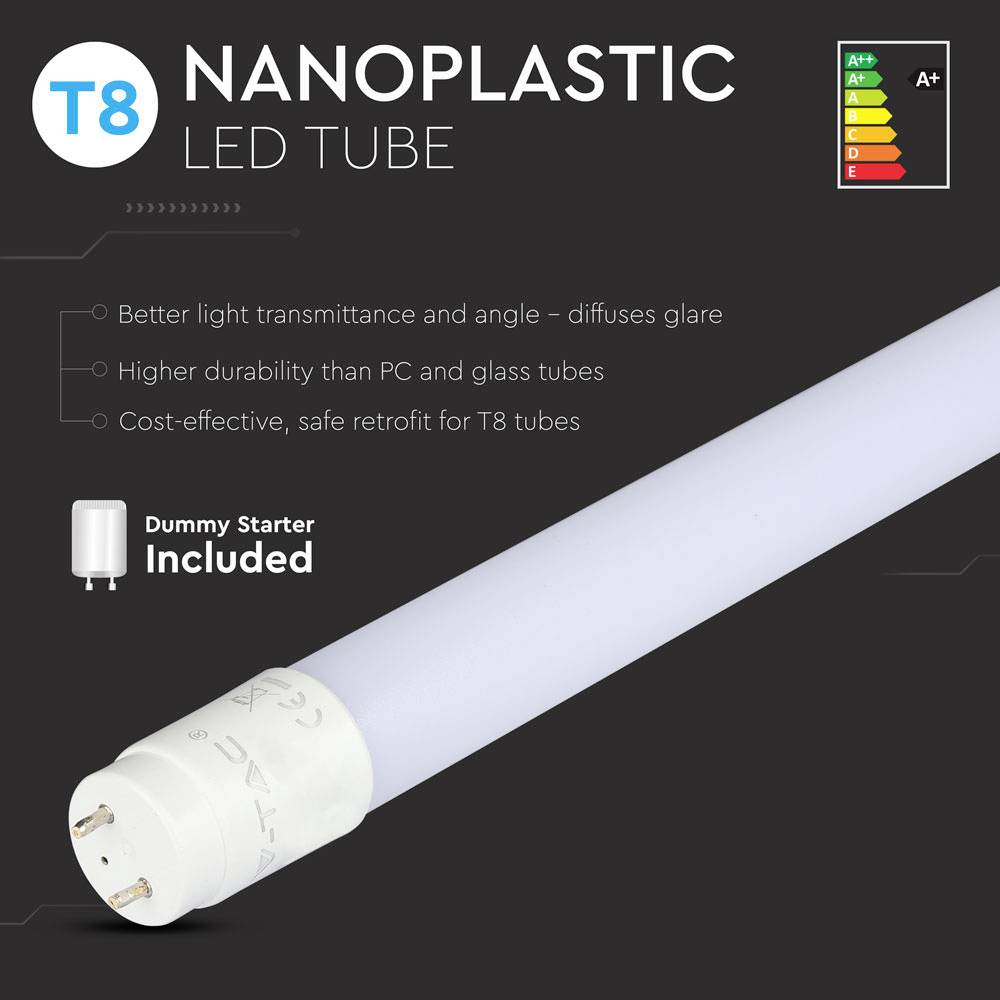 T8 Nanoplastic LED Tube with Enhanced Light Transmission, Glare Diffusion, Longer-Lasting and Safe for T8 Tubes. Energy Efficiency Class A+.