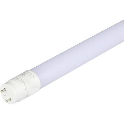 LED tube lamp with white housing and two metal contacts, suitable for use in fluorescent lamp sockets.