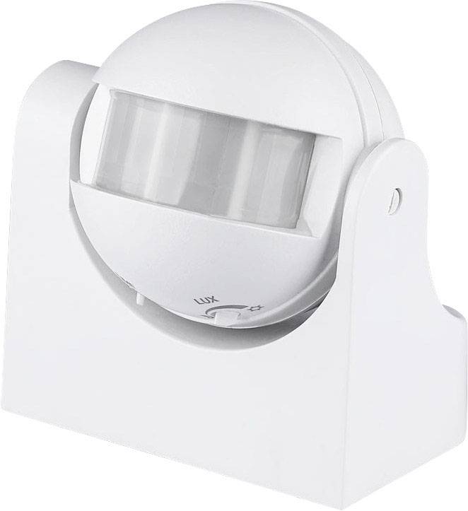 White motion sensor on wall mount, showing light sensitivity setting.