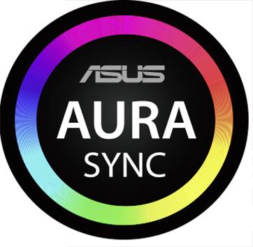A black logo displaying 'ASUS AURA SYNC' in white, surrounded by a colourful, glowing circle.