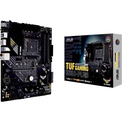 ASUS TUF Gaming B550-PLUS motherboard and packaging. Details of the motherboard are visible, including connections and design features.