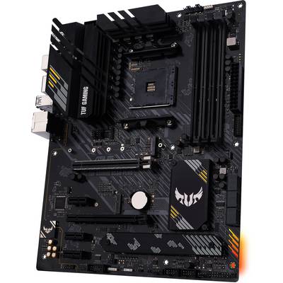 TUF Gaming motherboard, black with yellow accents, multiple expansion slots and connectors, robust design for gaming PC build.