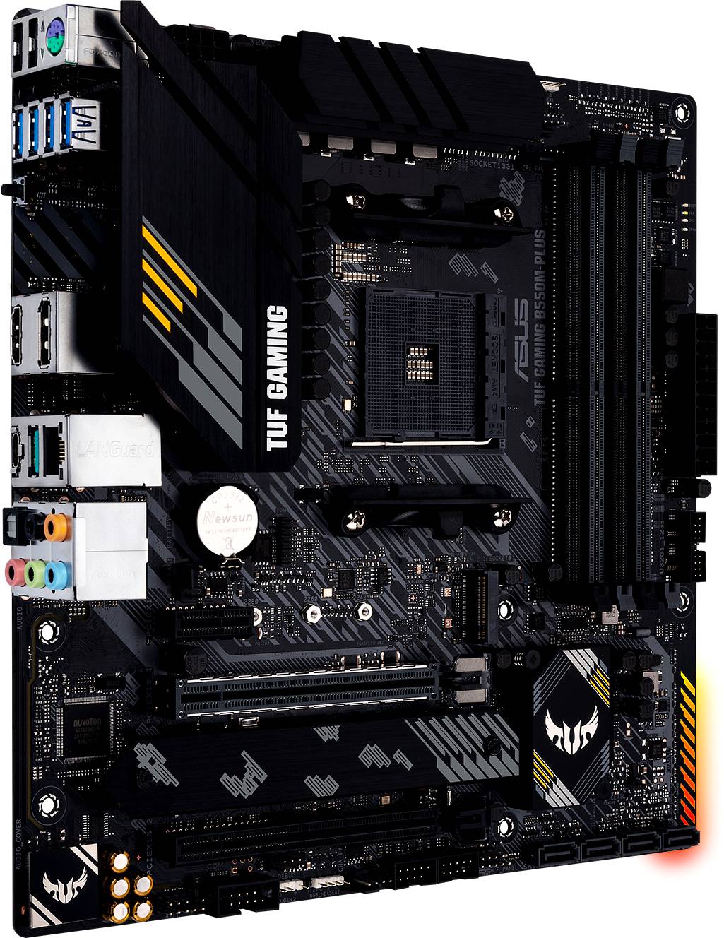 A black TUF GAMING motherboard with various ports and expansion slots for computer hardware components.