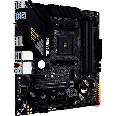 A black TUF GAMING motherboard with various ports and expansion slots for computer hardware components.
