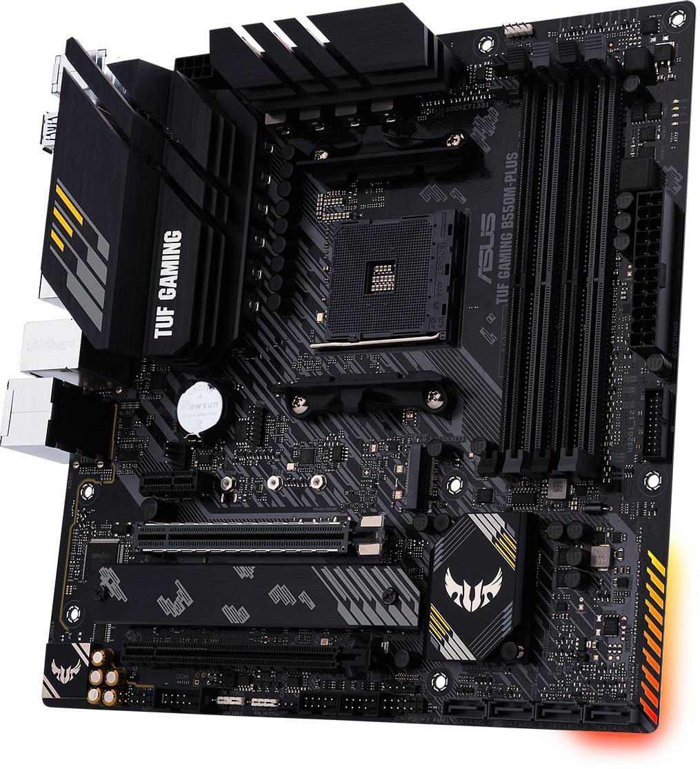 'ASUS TUF Gaming Motherboard with black design and orange-yellow accent. Multiple expansion slots and connections visible.'