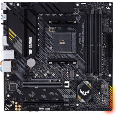 Black ASUS TUF Gaming motherboard with four RAM slots, multiple PCIe slots, and yellow accents.