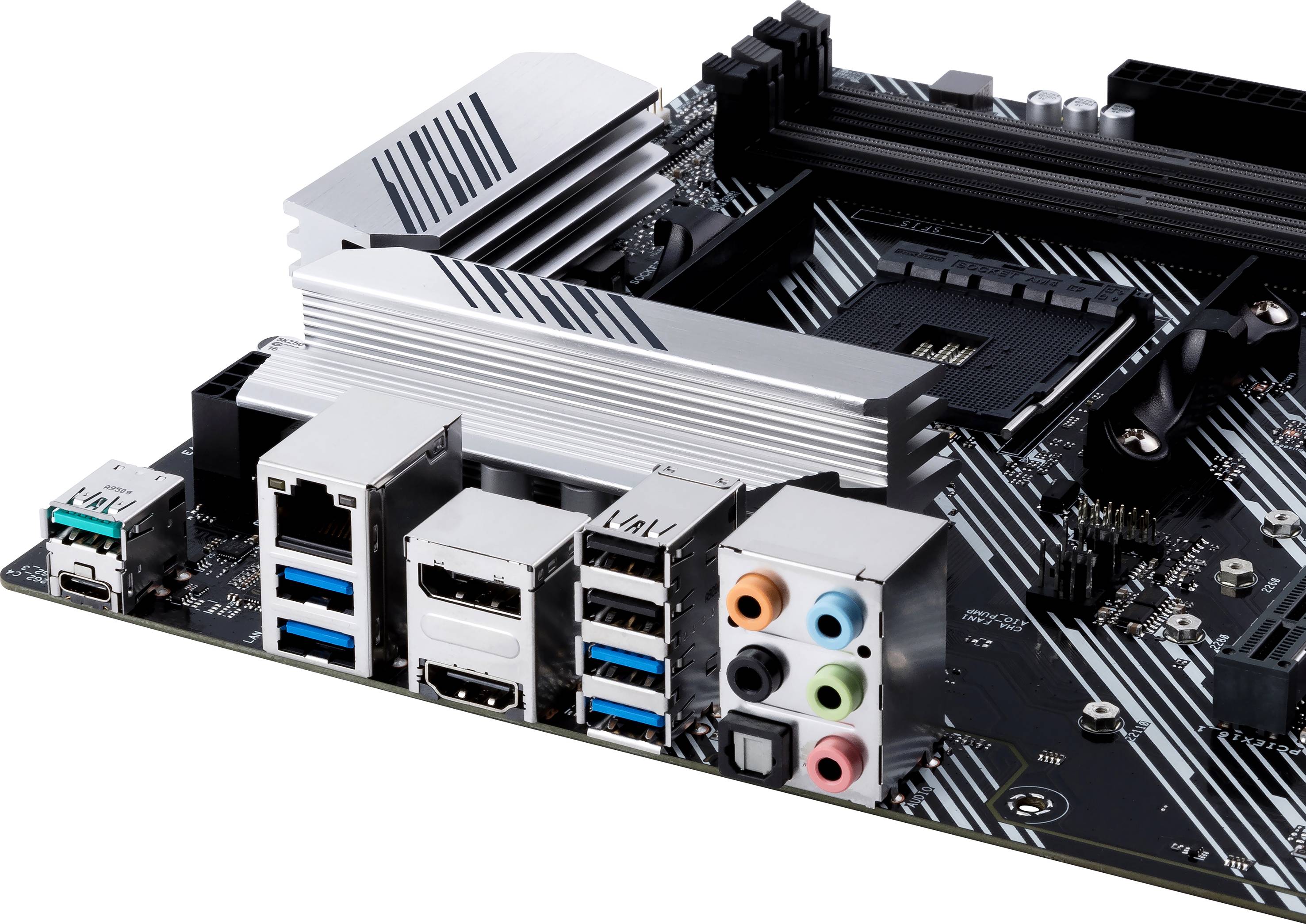 A computer motherboard with multiple USB ports, HDMI ports and audio sockets, suitable for building or upgrading a PC.