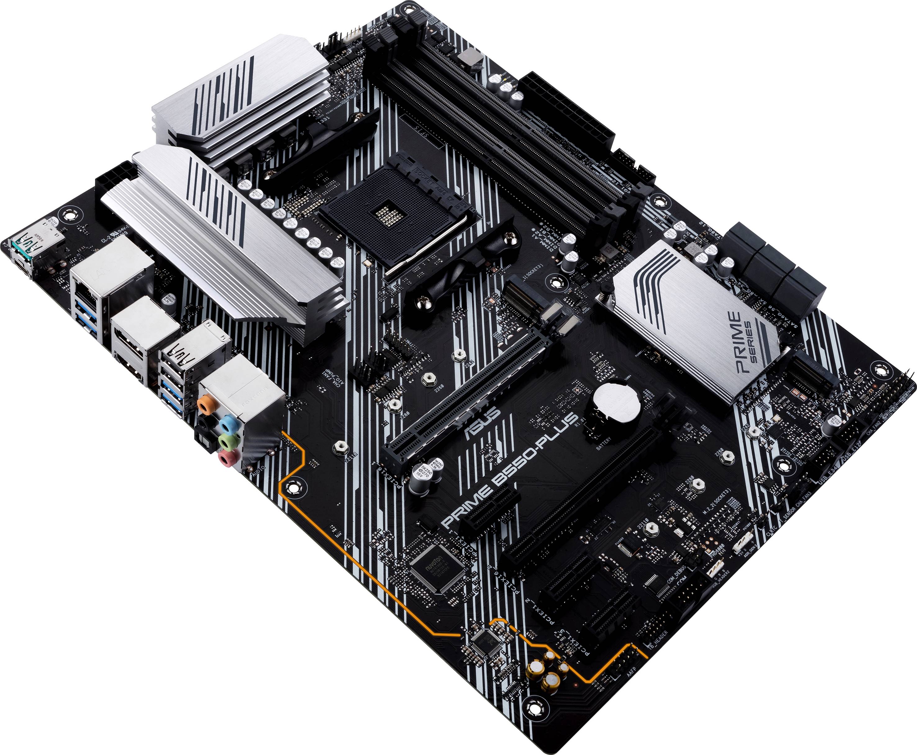 Motherboard with multiple ports, heat sinks, and a socket for processors. Connects and coordinates hardware components.