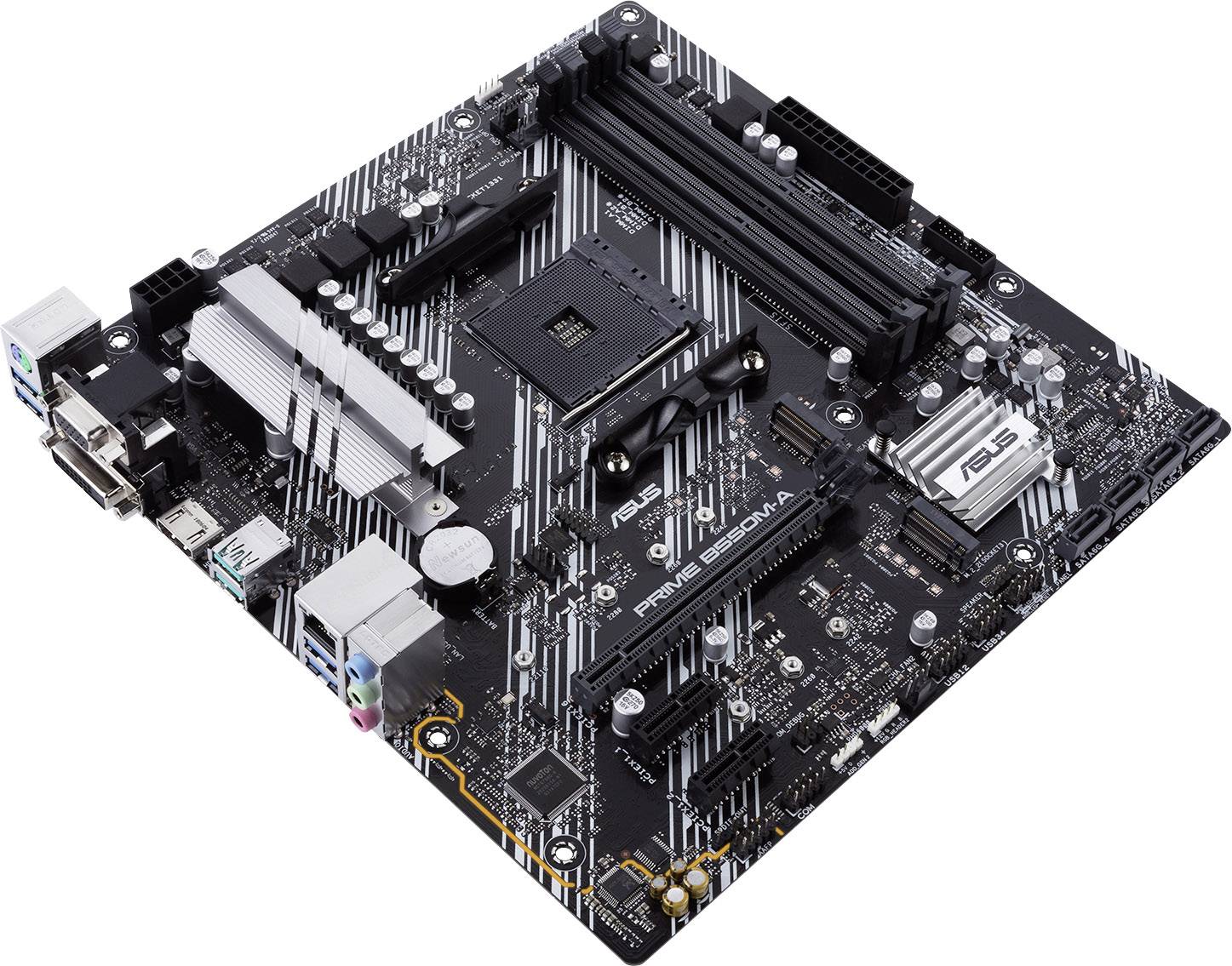 A black computer motherboard with white stripes. Visible components including RAM slots, heatsinks, and various ports.