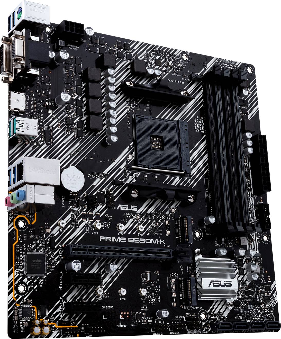Black ASUS Prime B550M-K motherboard with various ports and slots for CPU, RAM, and expansion cards.