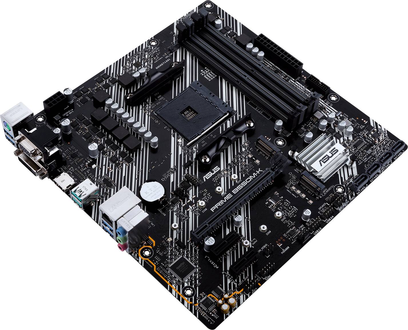 ASUS PRIME B550M-K Motherboard with multiple expansion slots and connectors, suitable for computer builds and upgrades.