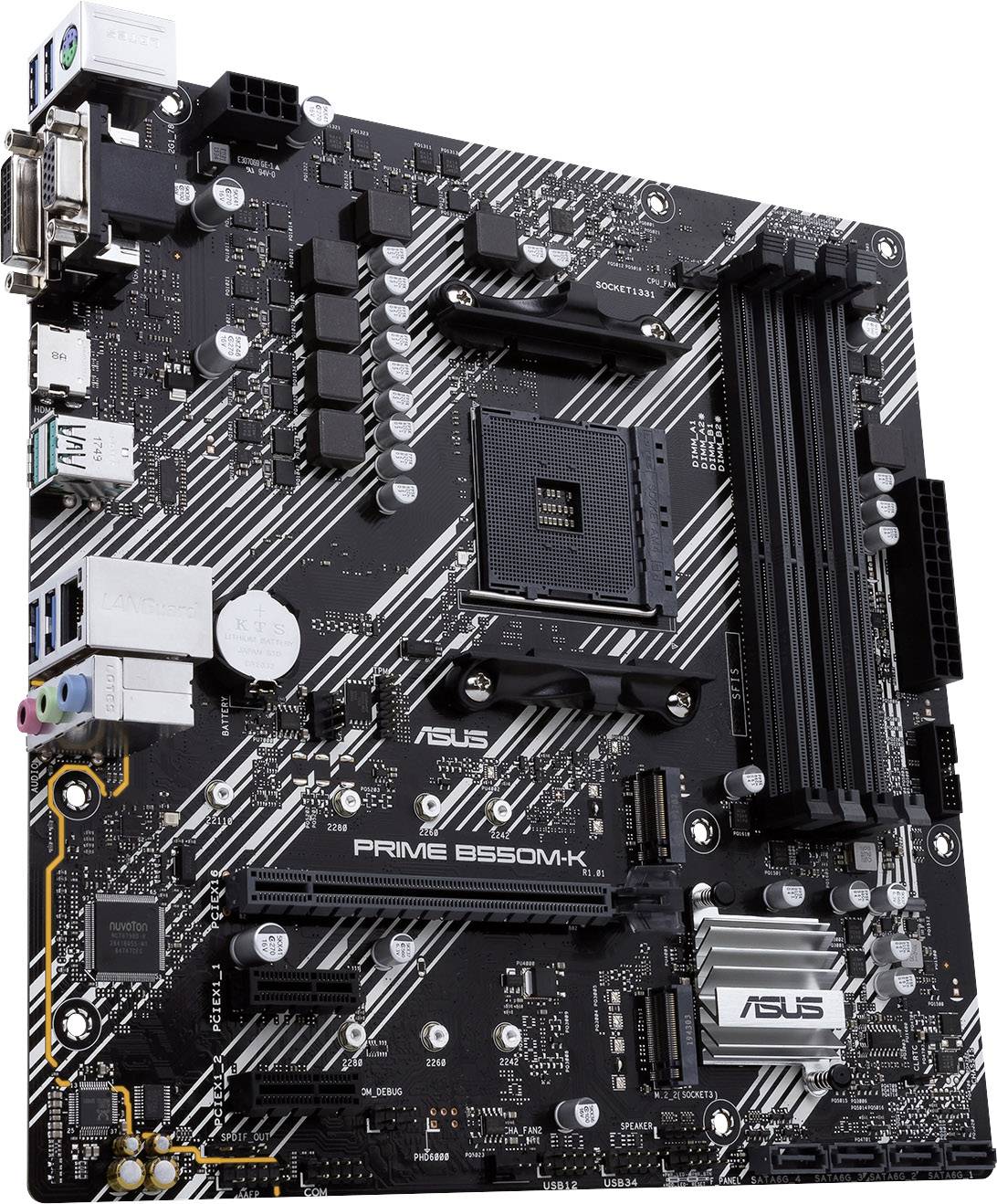 An ASUS motherboard, model PRIME B550M-K, featuring PCIe slots, RAM sockets, a CPU socket, and various connectors.