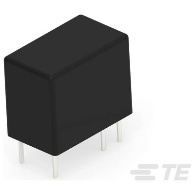 A black rectangular electronic relay with four metal pins is shown, designed for PCB mounting. The logo 'TE' is faintly visible in the corner.