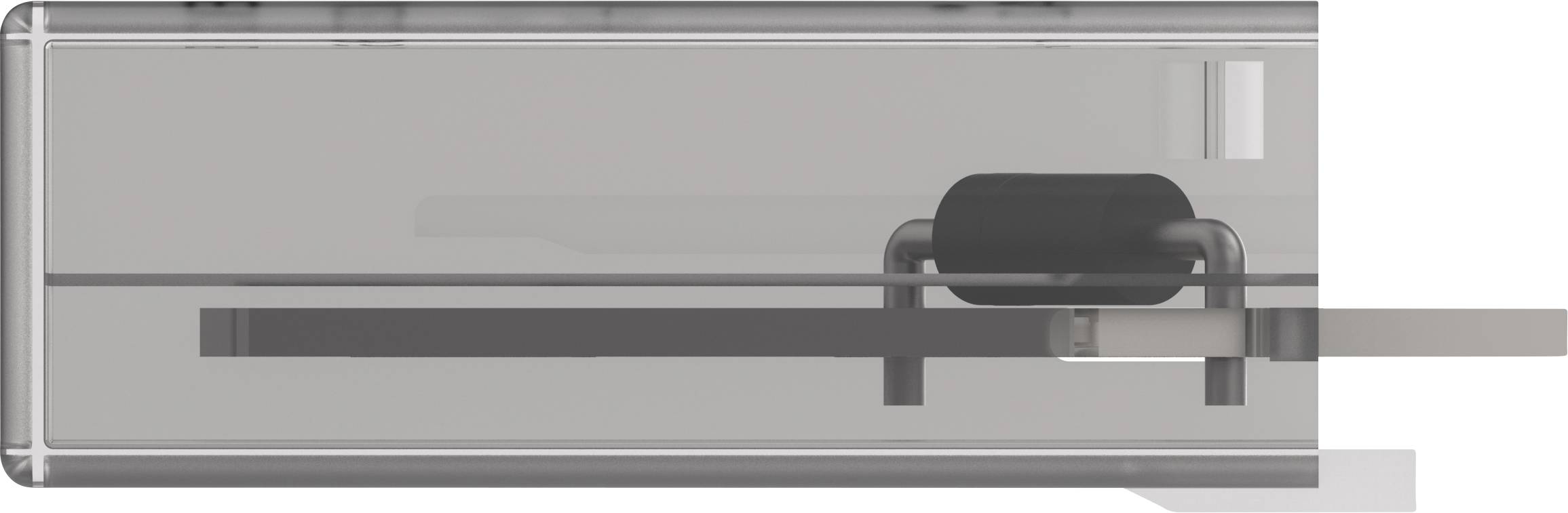 Transparent slot with a black bolt that serves to lock or unlock. Rectangular housing reveals the mechanism.