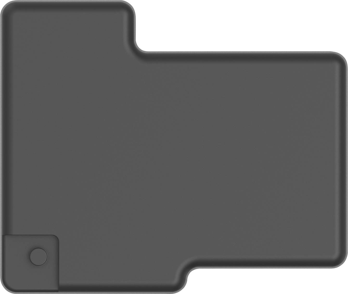 Irregularly shaped, grey object with rounded edges and a small circular area in the corner, function unknown.