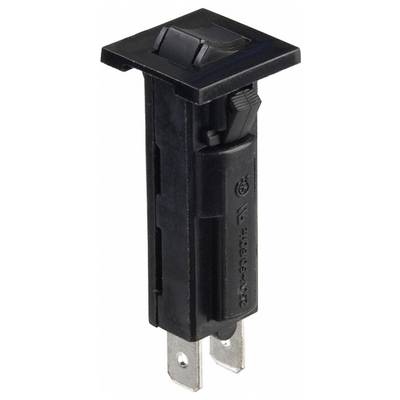'Black circuit breaker with a rectangular push-button switch and two metal prongs, used for electrical safety to prevent overcurrent.'