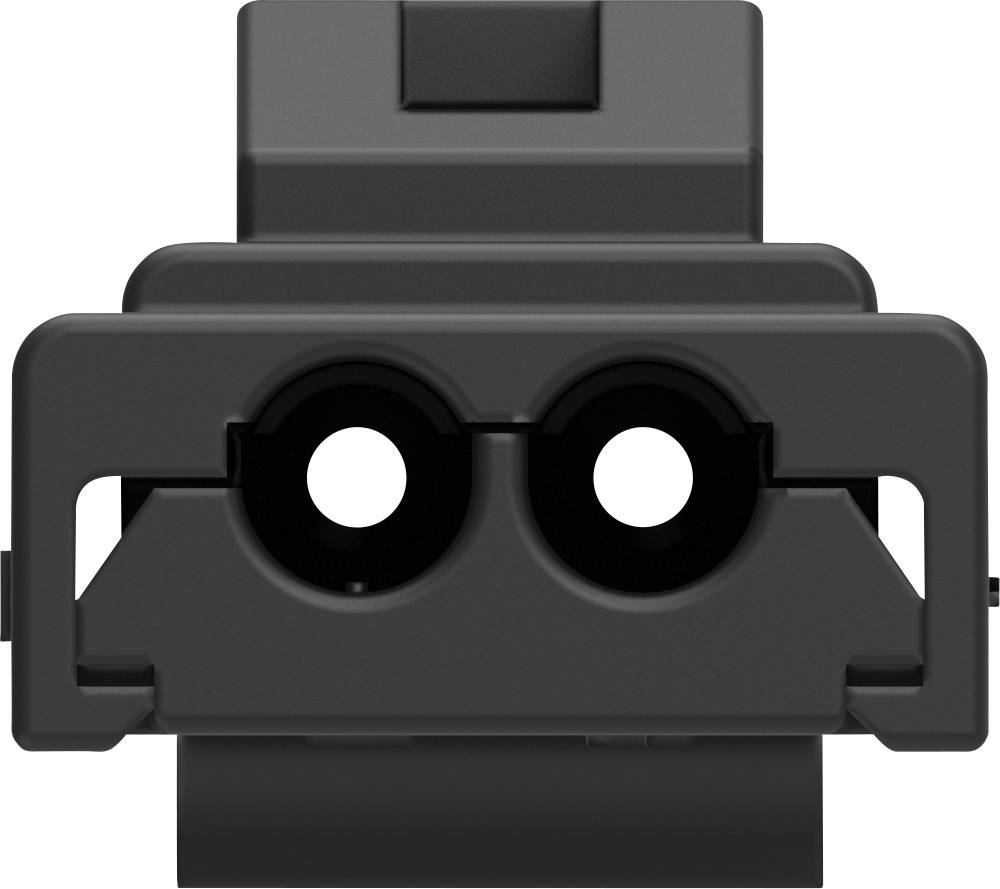 Grey plastic plug with two round holes, viewed from the front.