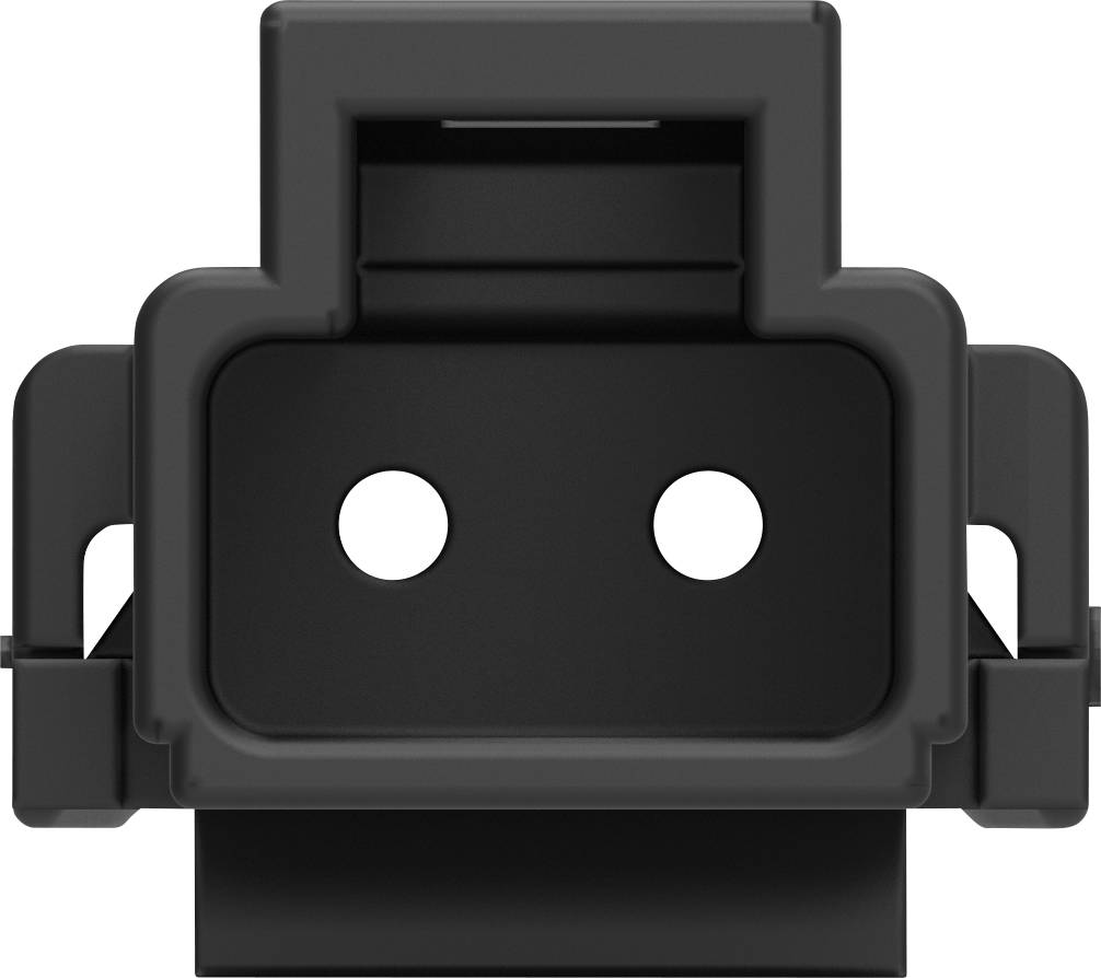 Black plastic connector with rectangular shape and two round holes in the centre, front view.