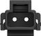 Black plastic connector with rectangular shape and two round holes in the centre, front view.