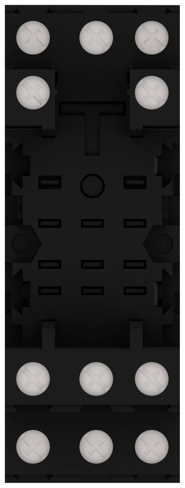 Black rectangular device with several white, circular buttons around the edges and complex patterns in the centre.