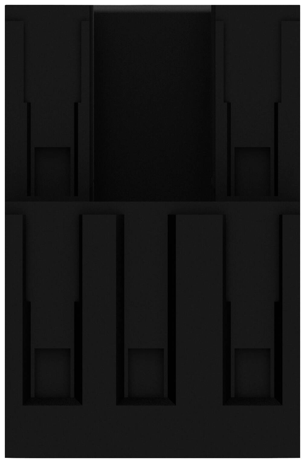 Black abstract artwork with symmetrical geometric shapes and rectangular recesses.