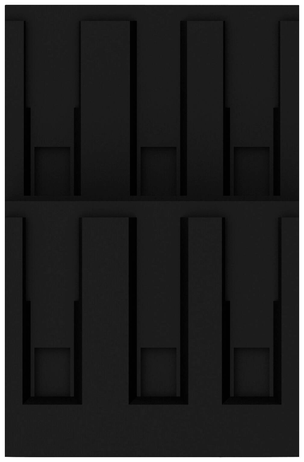 A modern, black, abstract design with rectangular vertical and horizontal elements at varying heights.