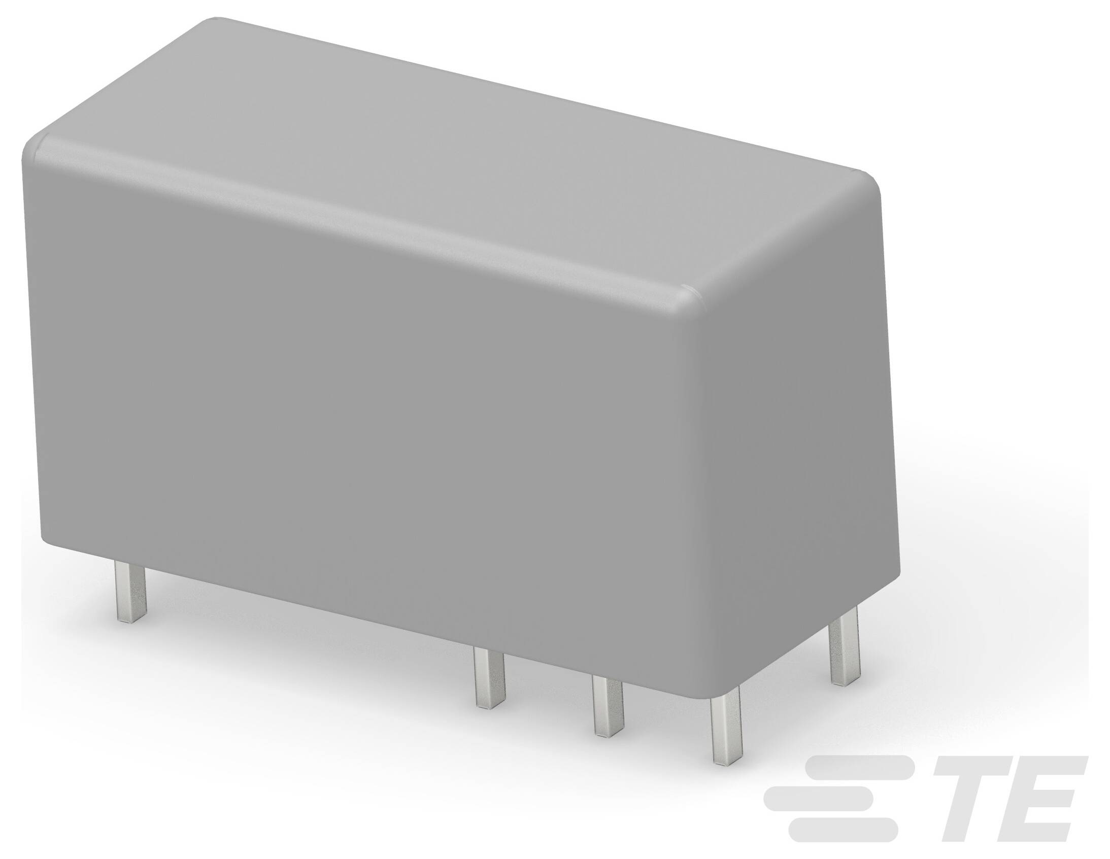 'A gray rectangular electrical component with four metal pins at the base, likely a relay, branded with a logo in the bottom right.'