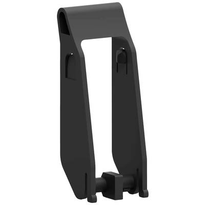 A black metal bracket with a rectangular cut-out in the centre and a rotatable bolt at the lower end, likely for technical application.