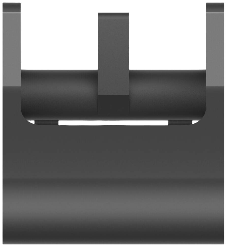 Black, rectangular object with a central cylindrical element and two vertical supports pointing upwards.