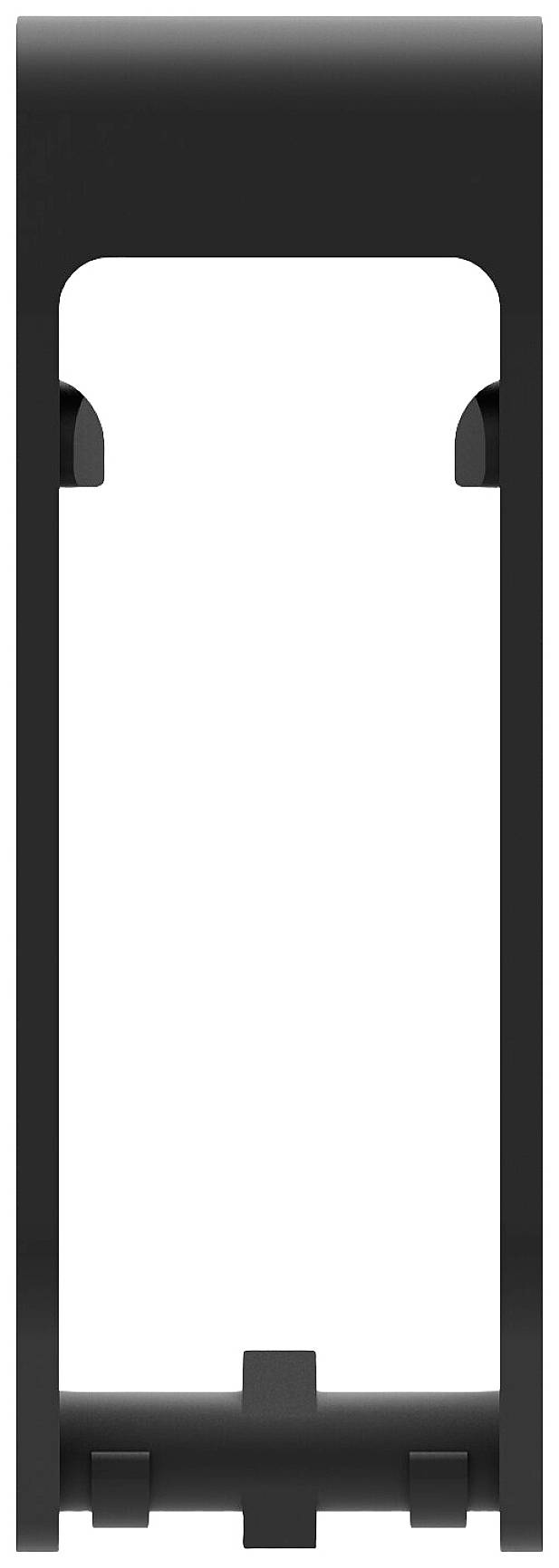 Black, rectangular mounting bracket with an open central section. Function unclear, potentially for device mounting or cable management.